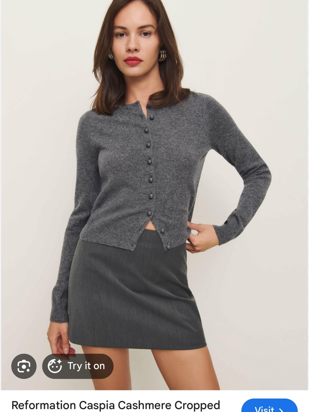 Reformation Caspia Charcoal Gray Cropped Cashmere Cardigan